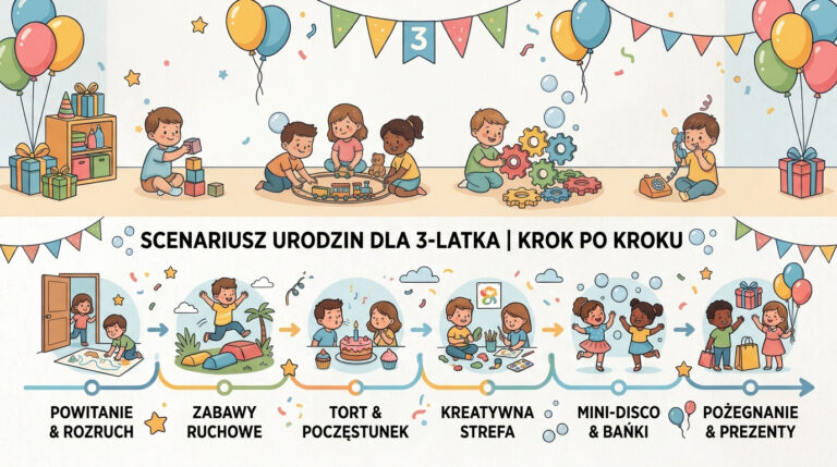 Infografika przedstawiająca harmonogram i scenariusz urodzin dla 3-latka krok po kroku